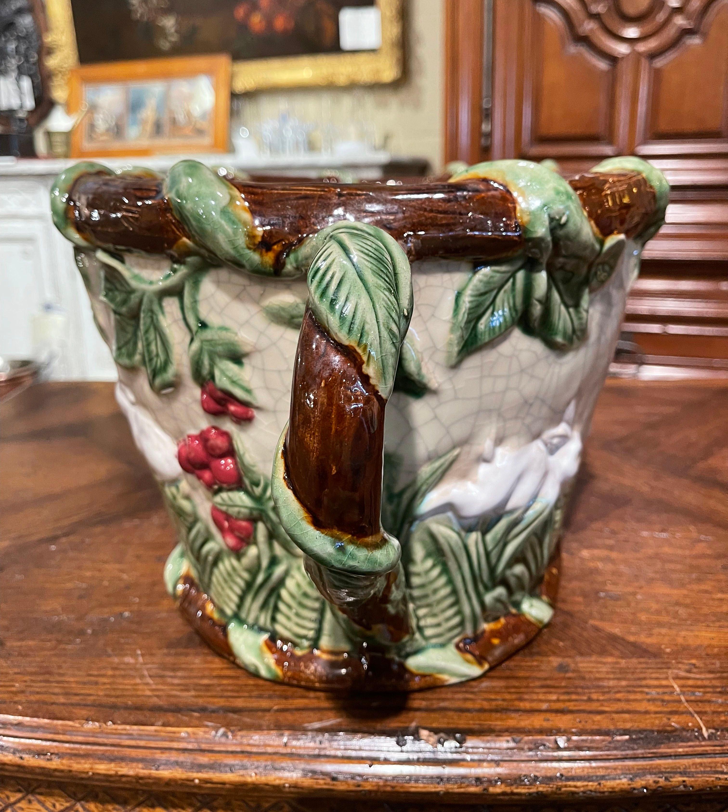 Hand-Carved Mid-Century French Painted Majolica Cachepot with Rabbit and Leaf Motifs