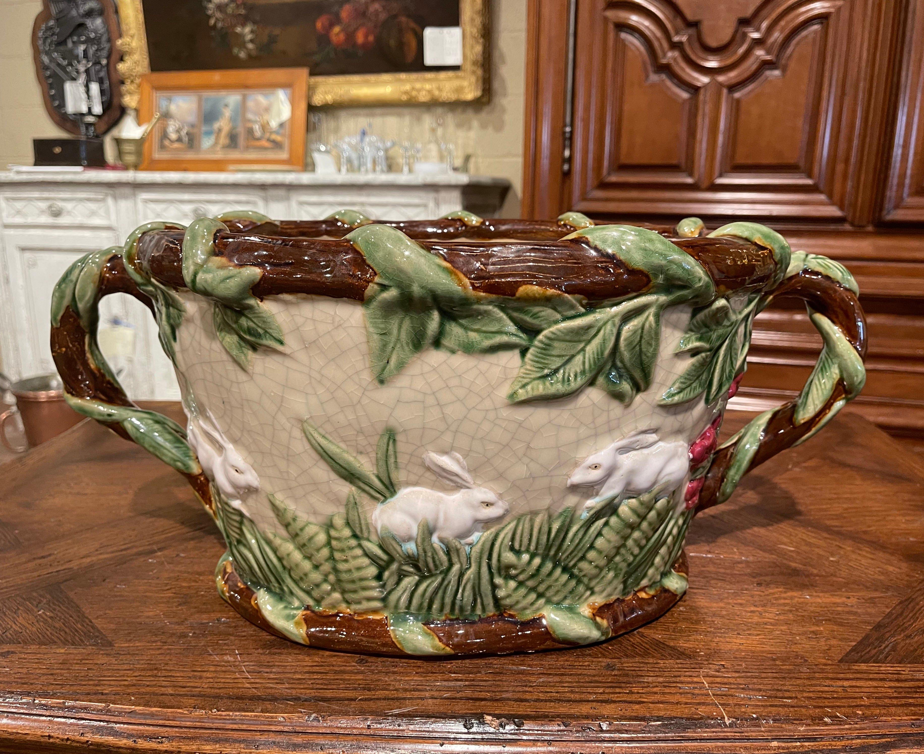 20th Century Mid-Century French Painted Majolica Cachepot with Rabbit and Leaf Motifs