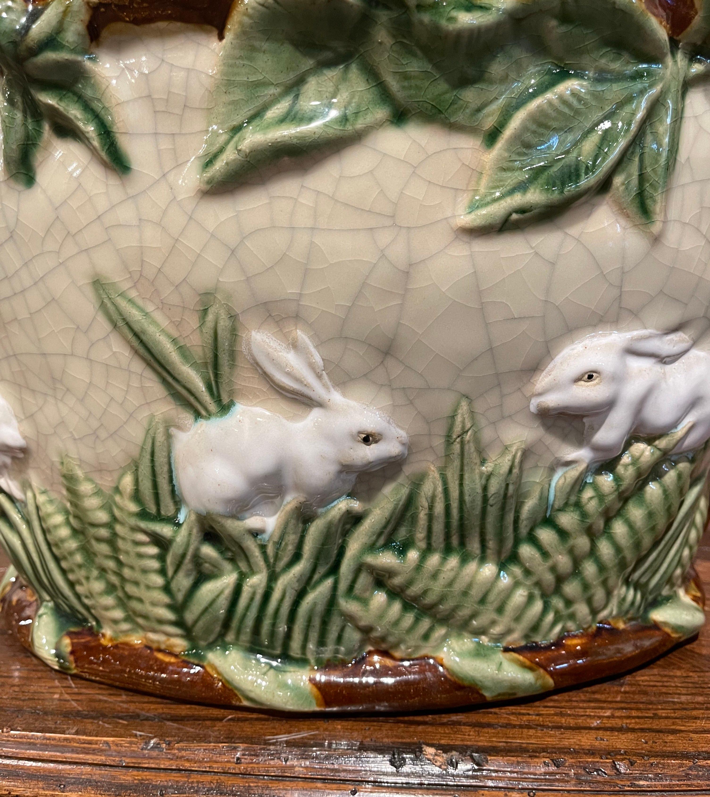Ceramic Mid-Century French Painted Majolica Cachepot with Rabbit and Leaf Motifs