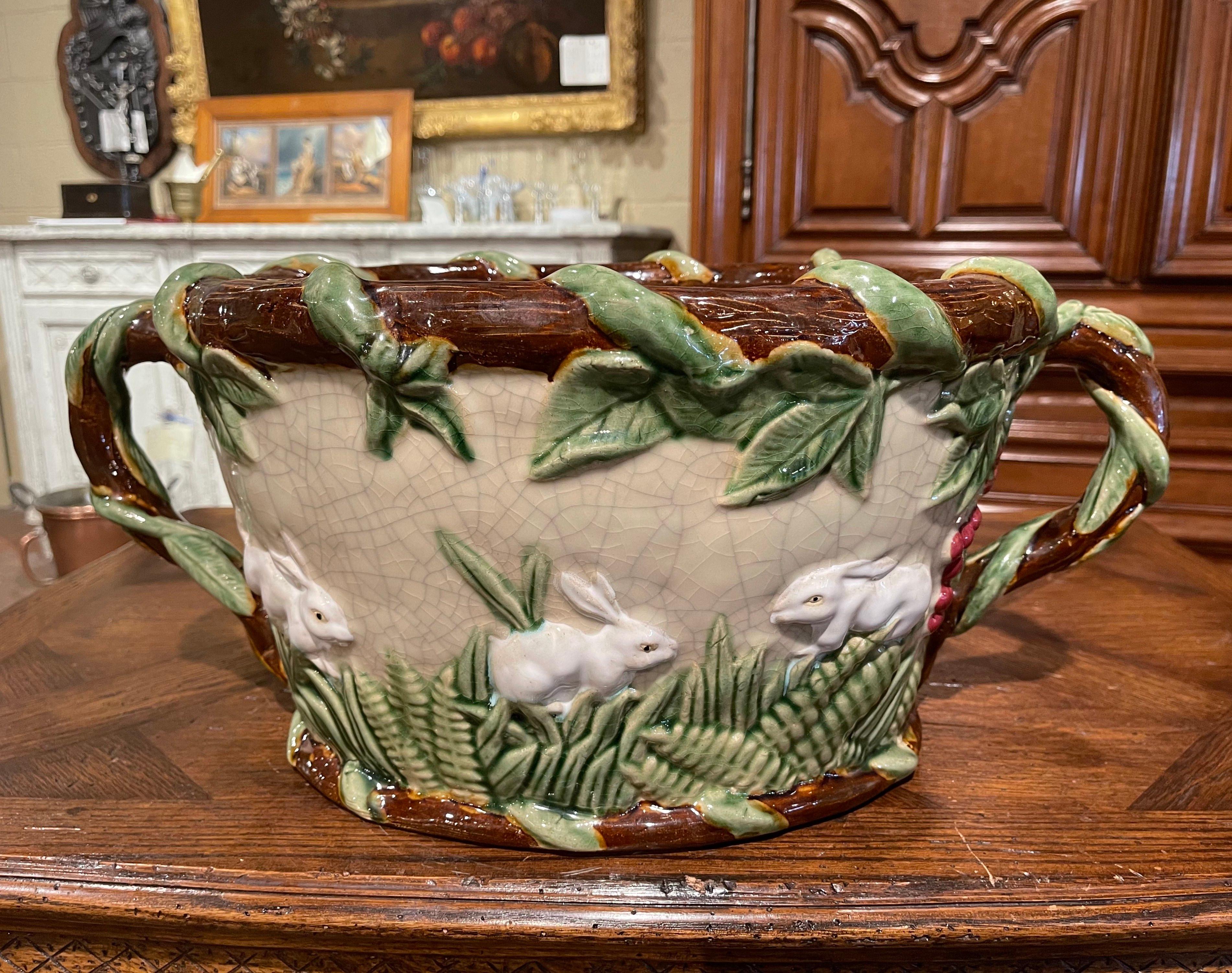 Mid-Century French Painted Majolica Cachepot with Rabbit and Leaf Motifs 2