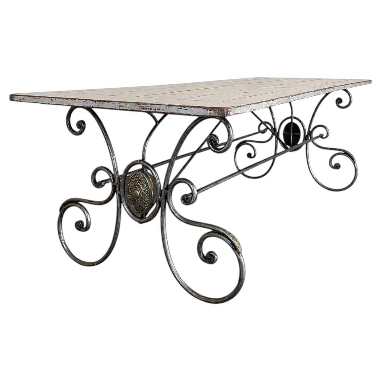 Mid-Century French Painted Oak and Wrought Iron Dining Table
