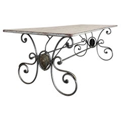 Mid-Century French Painted Oak and Wrought Iron Dining Table