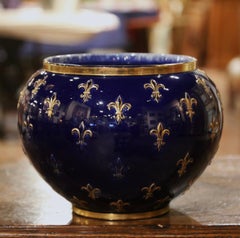 Mid-Century French Painted Porcelain Cache Pot with Fleur-de-Lys from Luneville