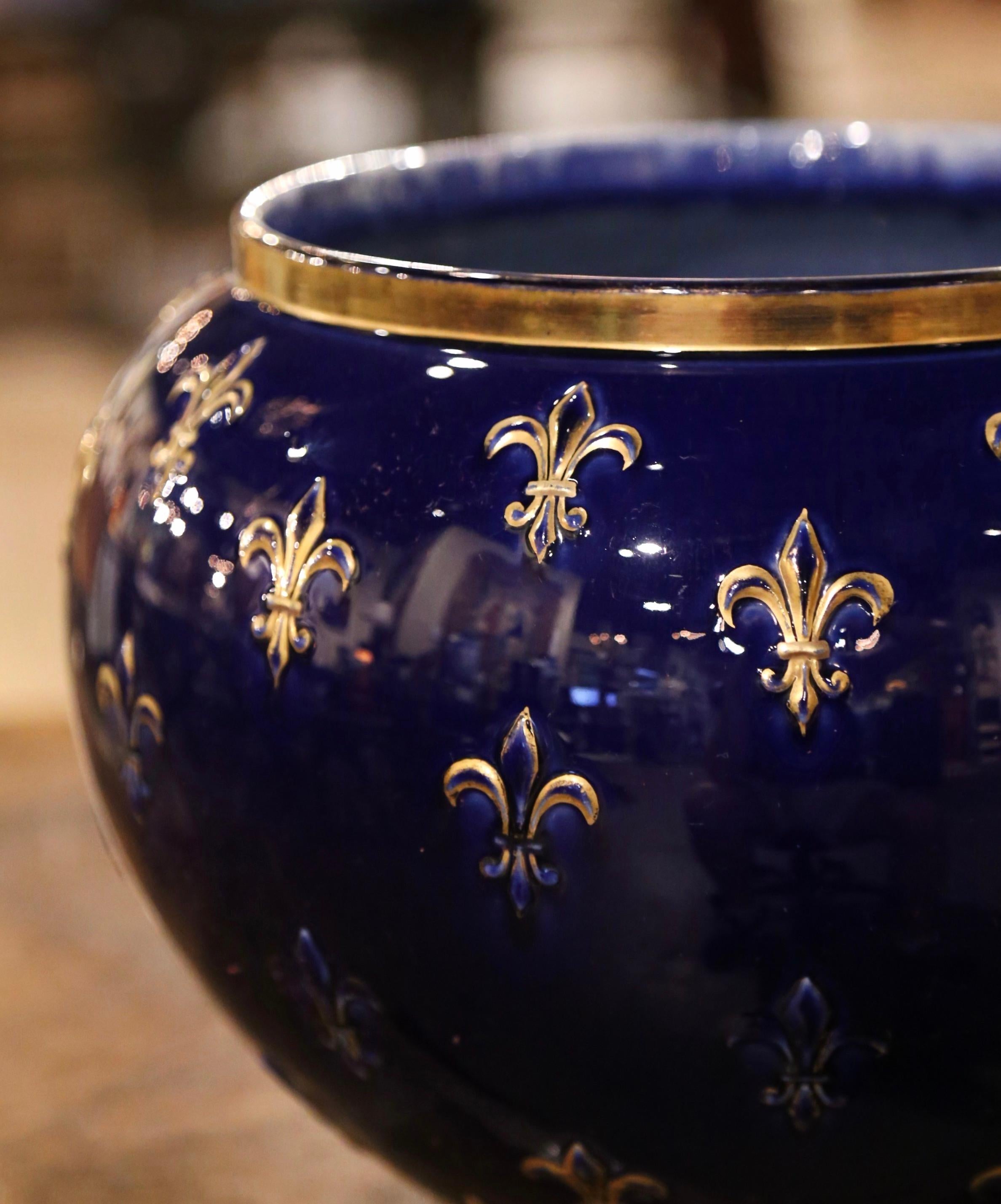Enamel Mid-Century French Painted Porcelain Cache Pot with Fleur-de-Lys from Luneville
