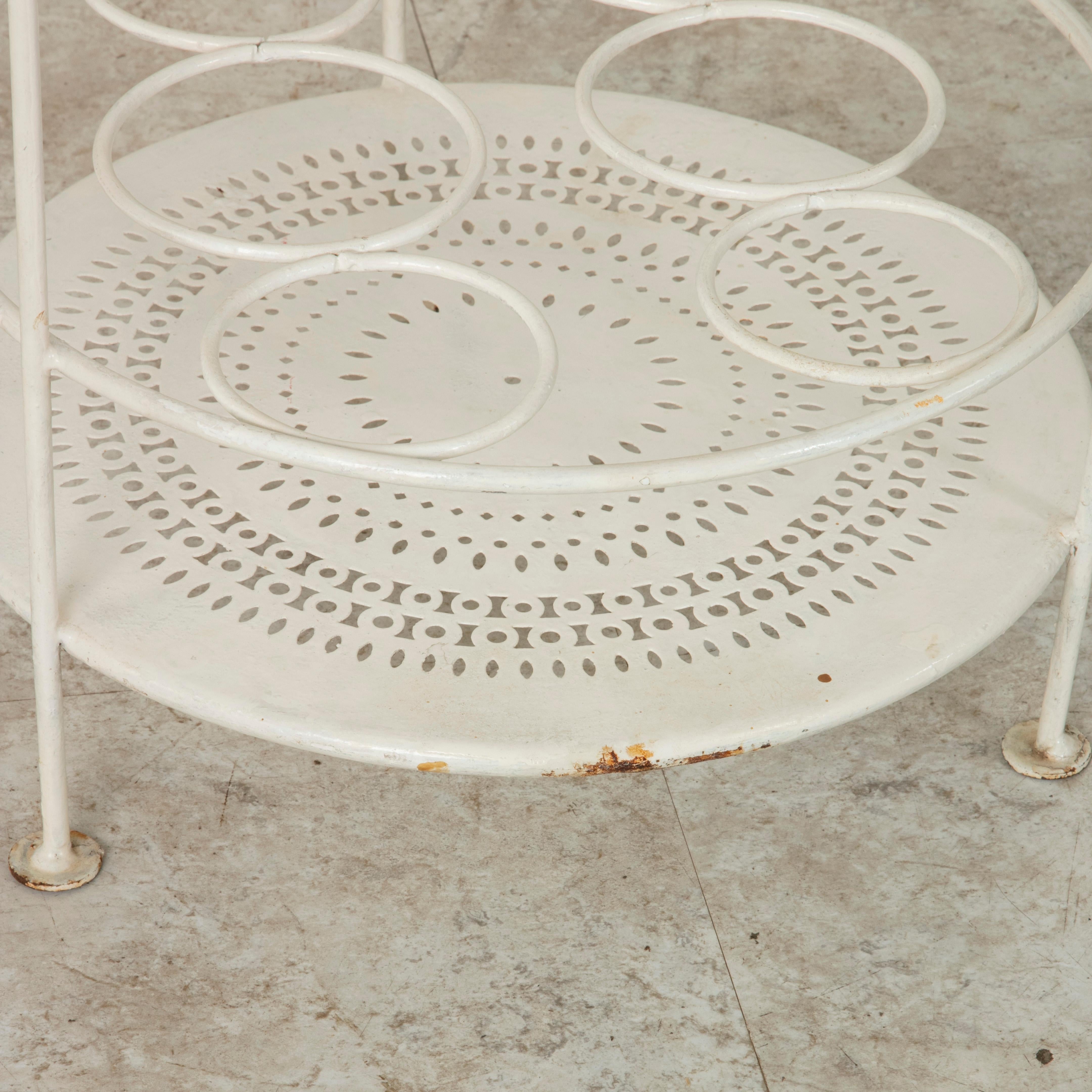 20th Century Midcentury French Painted White Pierced Metal Garden Table with Wine Holder