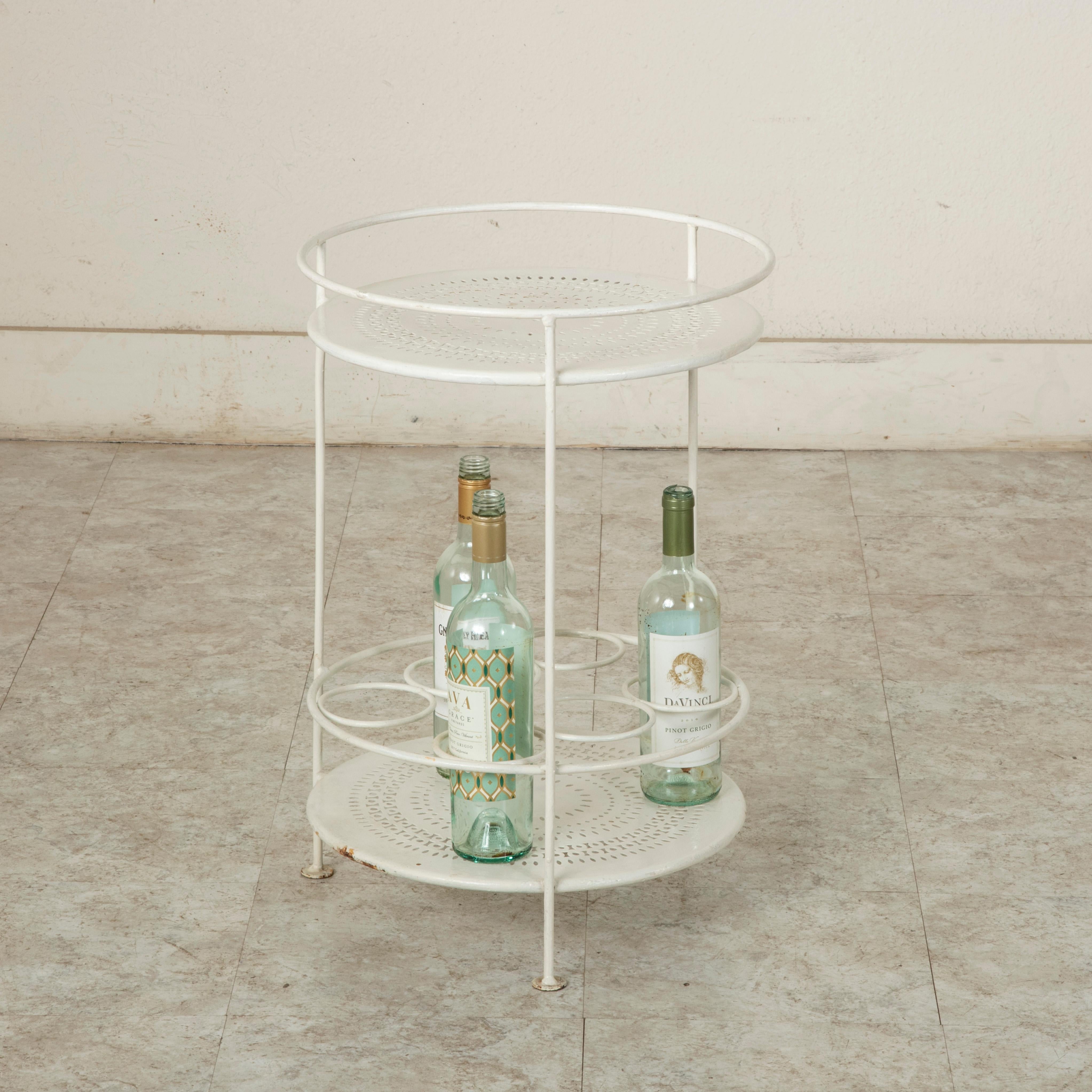 Midcentury French Painted White Pierced Metal Garden Table with Wine Holder 2