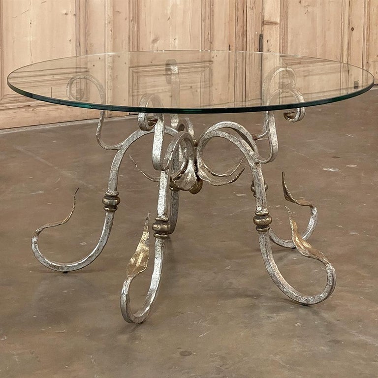 Midcentury French Painted Wrought Iron and Glass Round Coffee Table For