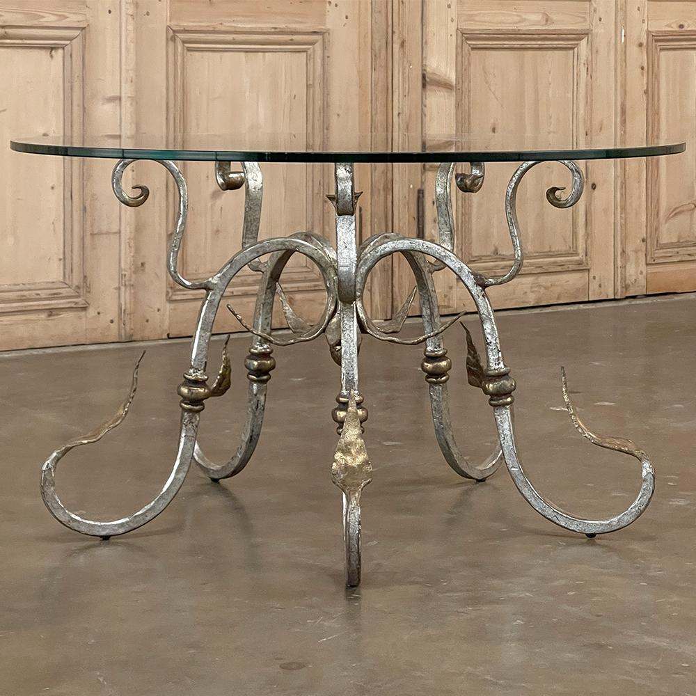 Hand-Crafted Midcentury French Painted Wrought Iron and Glass Round Coffee Table For Sale