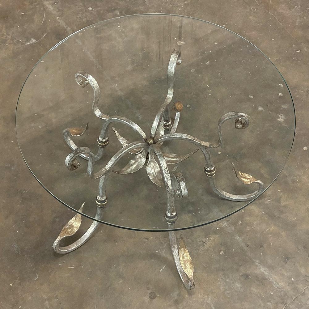 20th Century Midcentury French Painted Wrought Iron and Glass Round Coffee Table For Sale