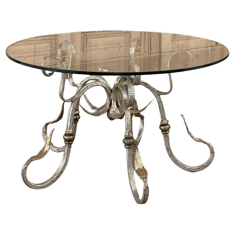 Midcentury French Painted Wrought Iron and Glass Round Coffee Table For