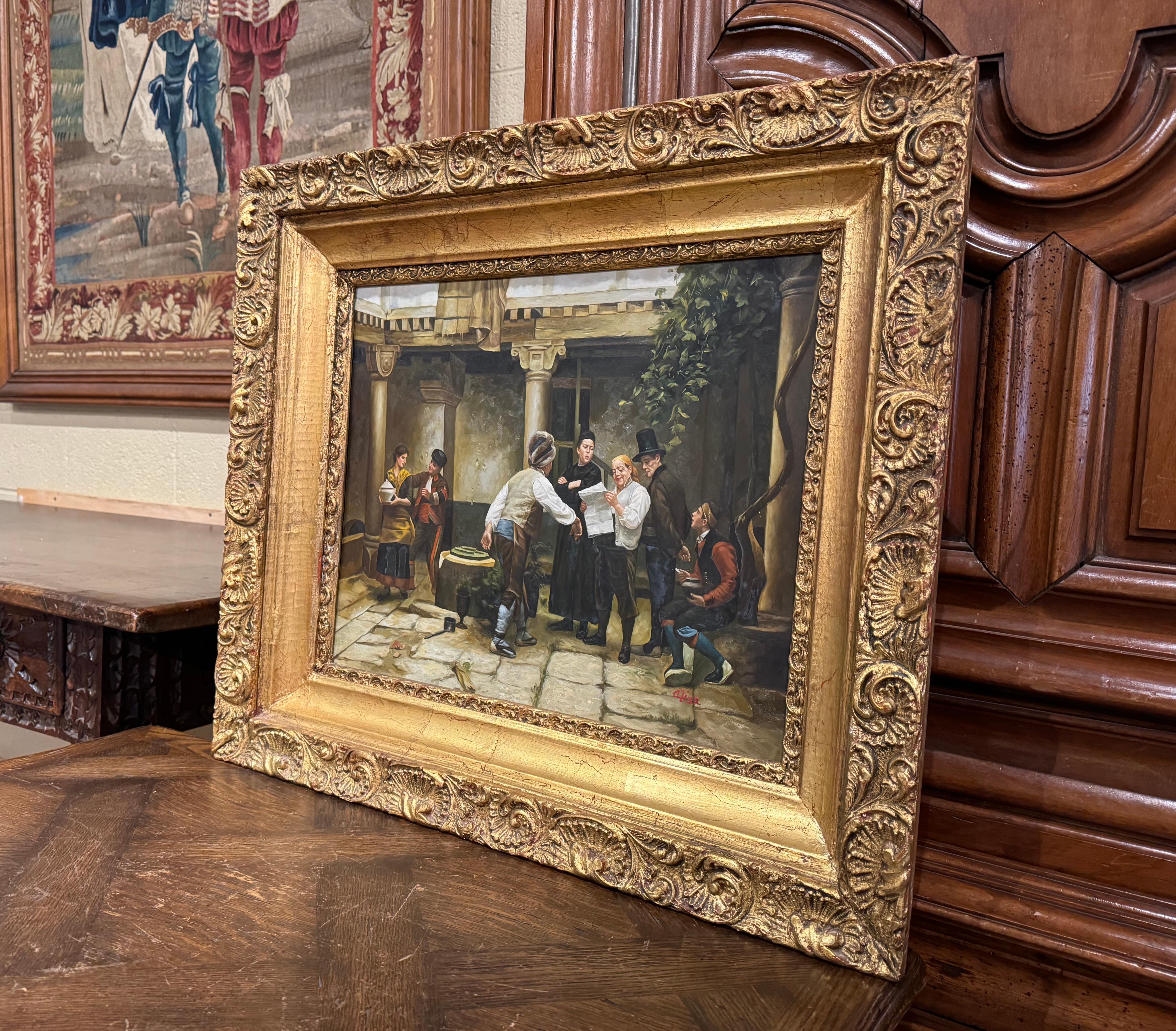 Created in France circa 1950 and set in the original carved gilt frame, the hand painted canvas is a rendition of Jules Worms 