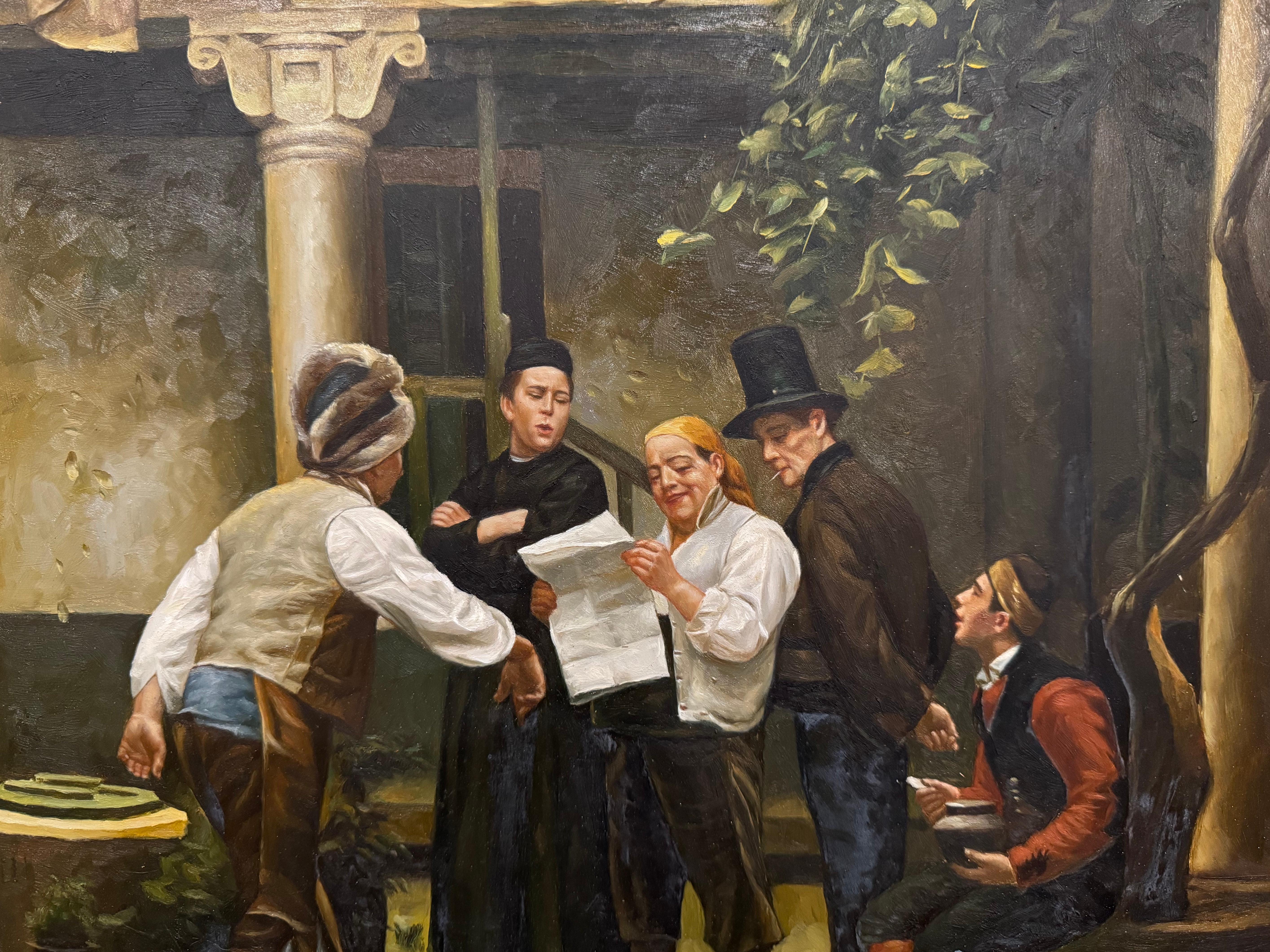 Toile Peinture française du milieu du siècle « Les politiques » signée Alina d'après Jules Worms en vente