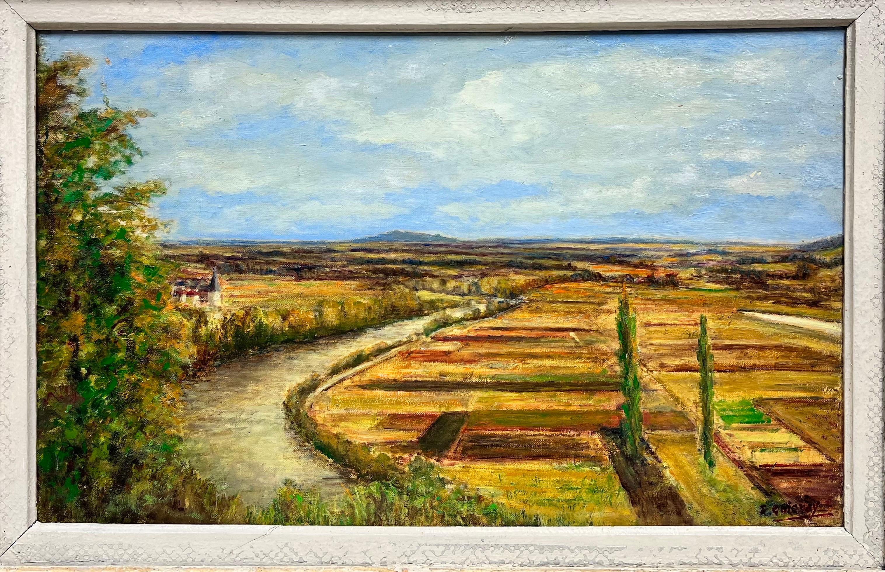 1950's French Impressionist Signed Oil Northern France Open Landscape Framed - Painting by Mid Century French