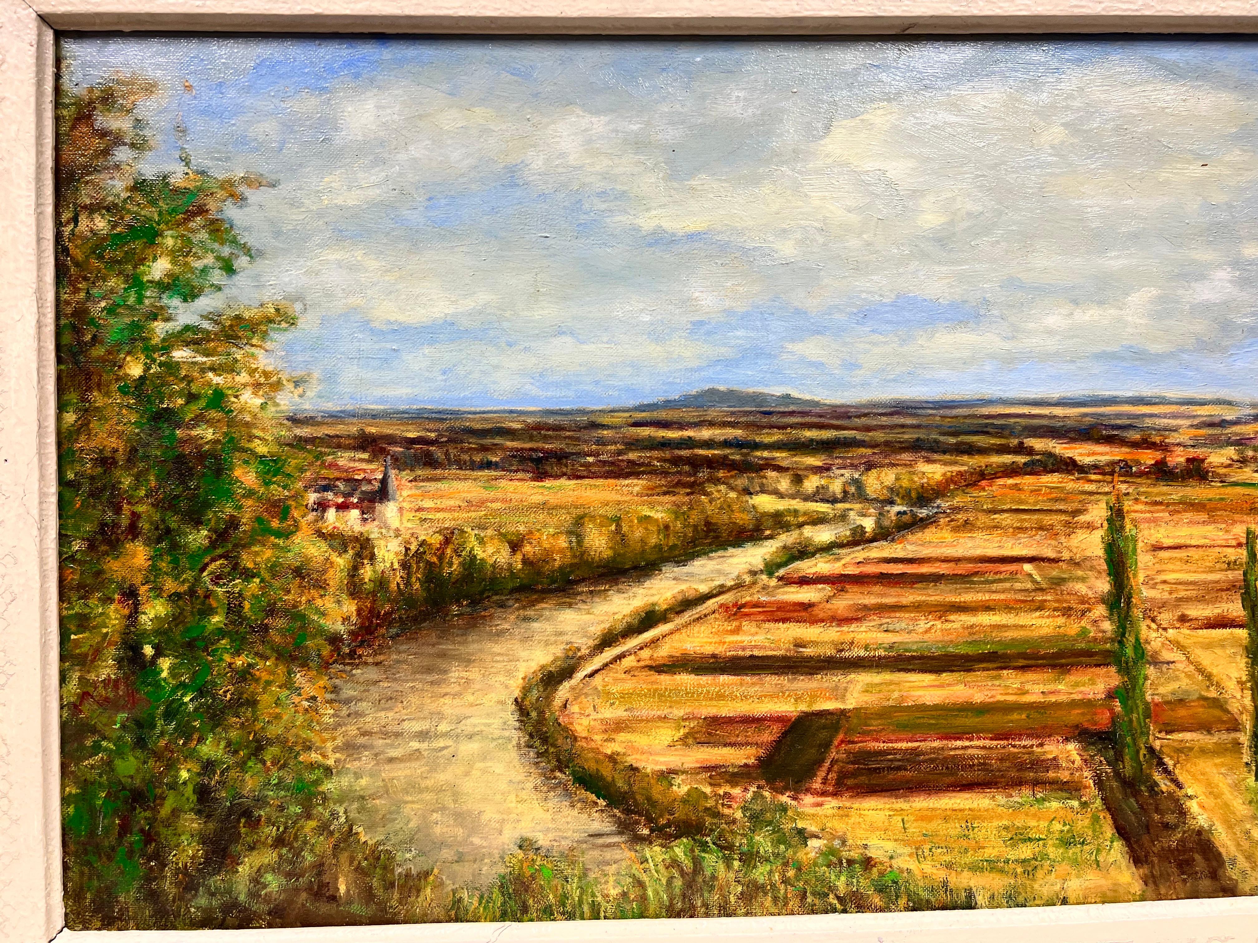 Impressionista francese degli anni '50 firmato Olio Francia del Nord Paesaggio aperto incorniciato - Painting Impressionismo di Mid Century French