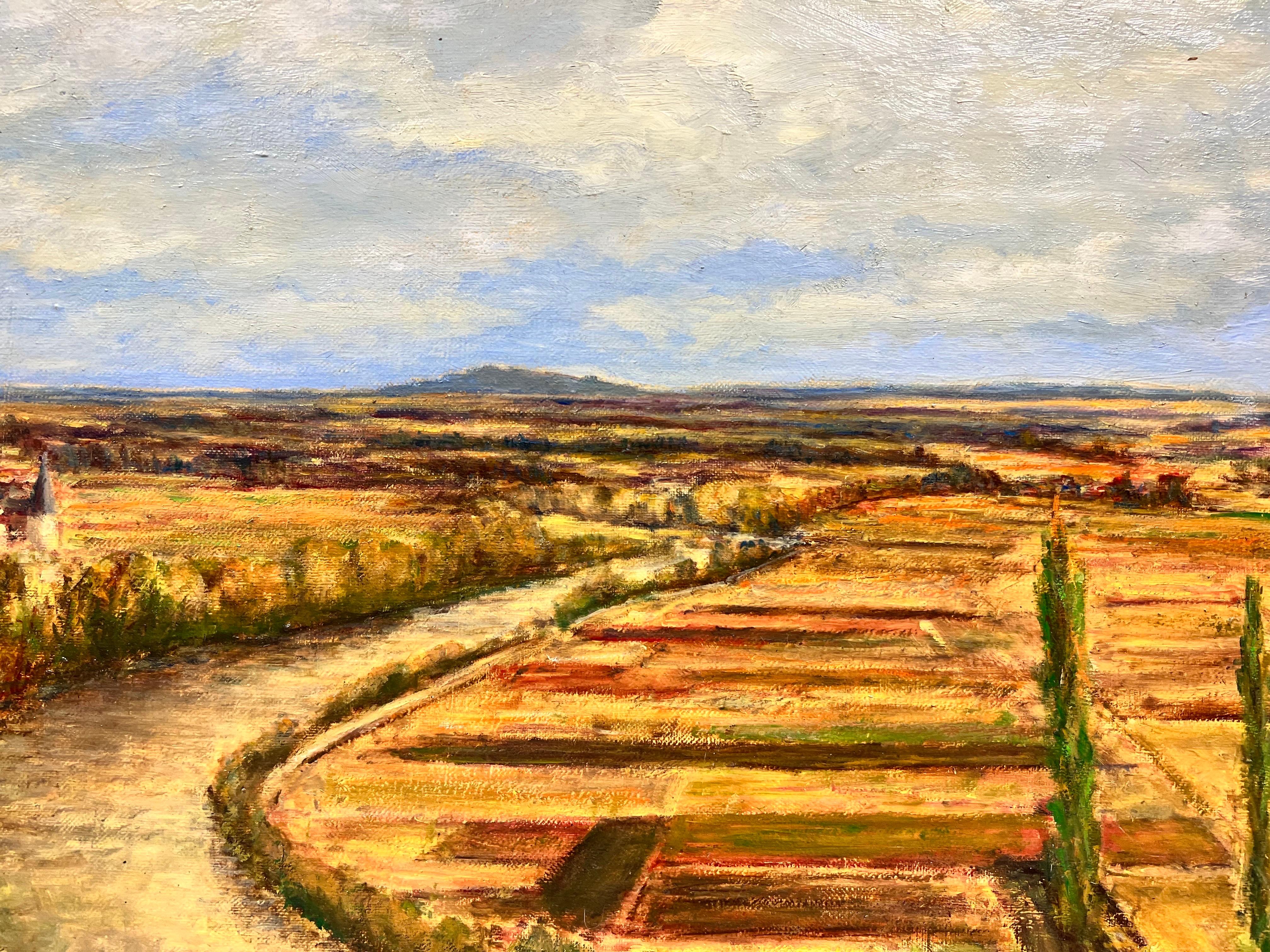 Impressionista francese degli anni '50 firmato Olio Francia del Nord Paesaggio aperto incorniciato - Portrait Painting Beige di Mid Century French