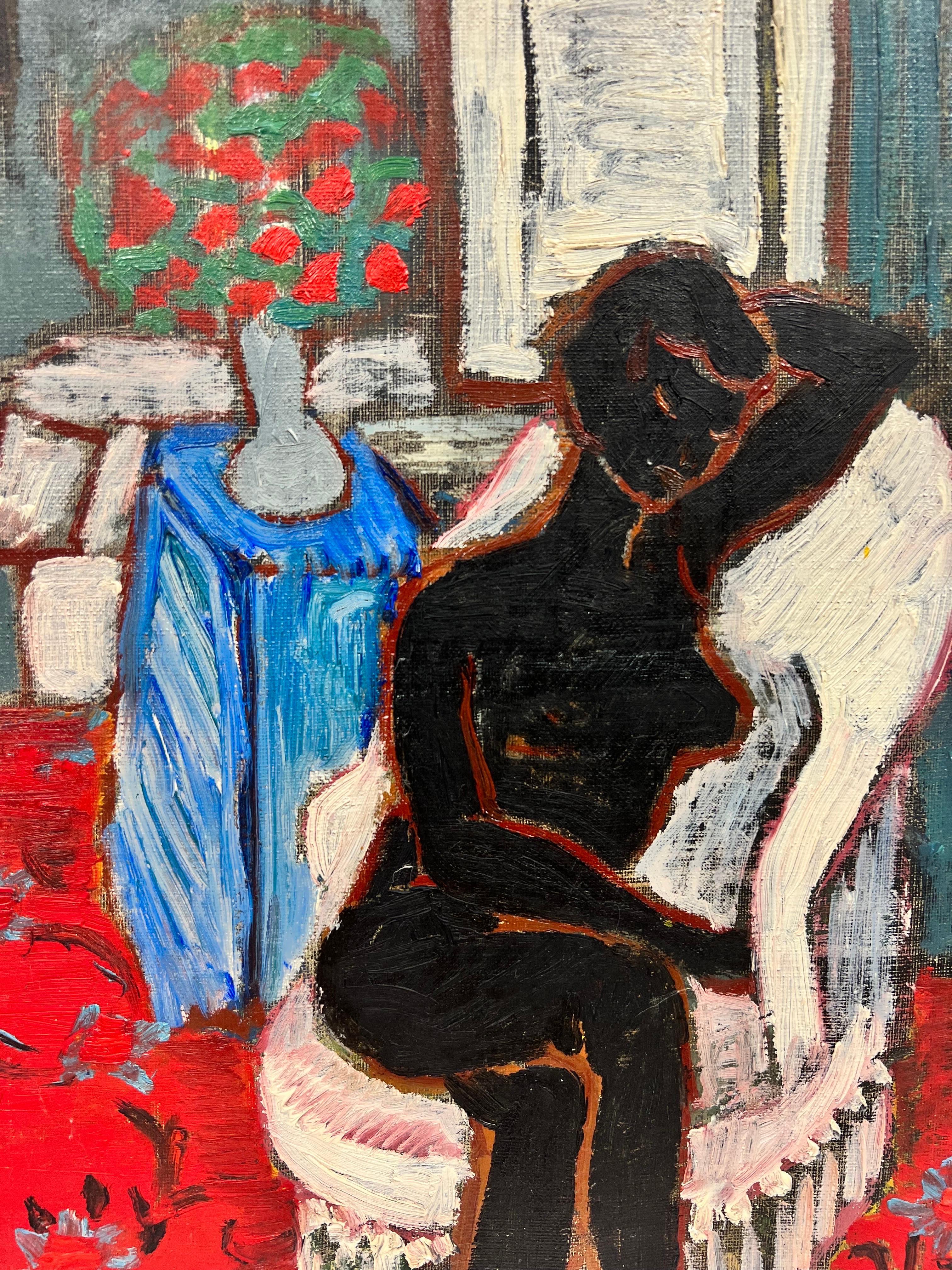 Artist/ School: French Modernist School, mid 20th century, signed lower left

Title: Nude seated within an interior setting. 

Medium: oil on canvas, unframed

Painting: 18 x 15 inches

Provenance: private collection, France

Condition: The painting