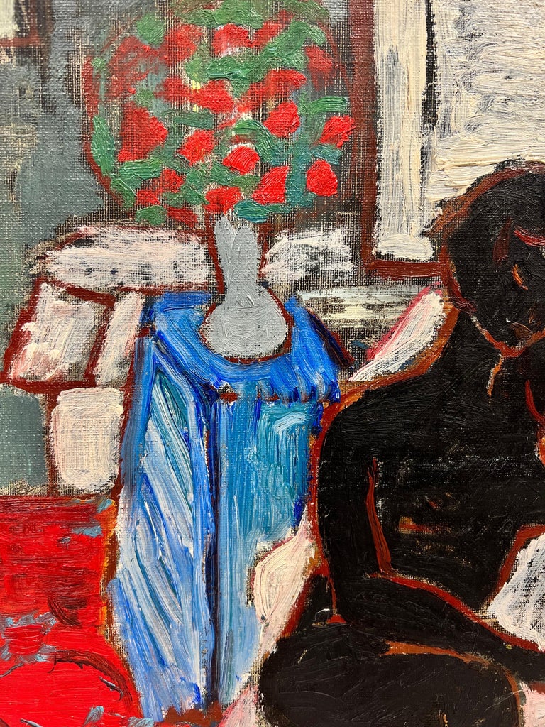 Mid Century French - 1950's French Signed Modernist Oil Nude Lady on Chair in Interior Room