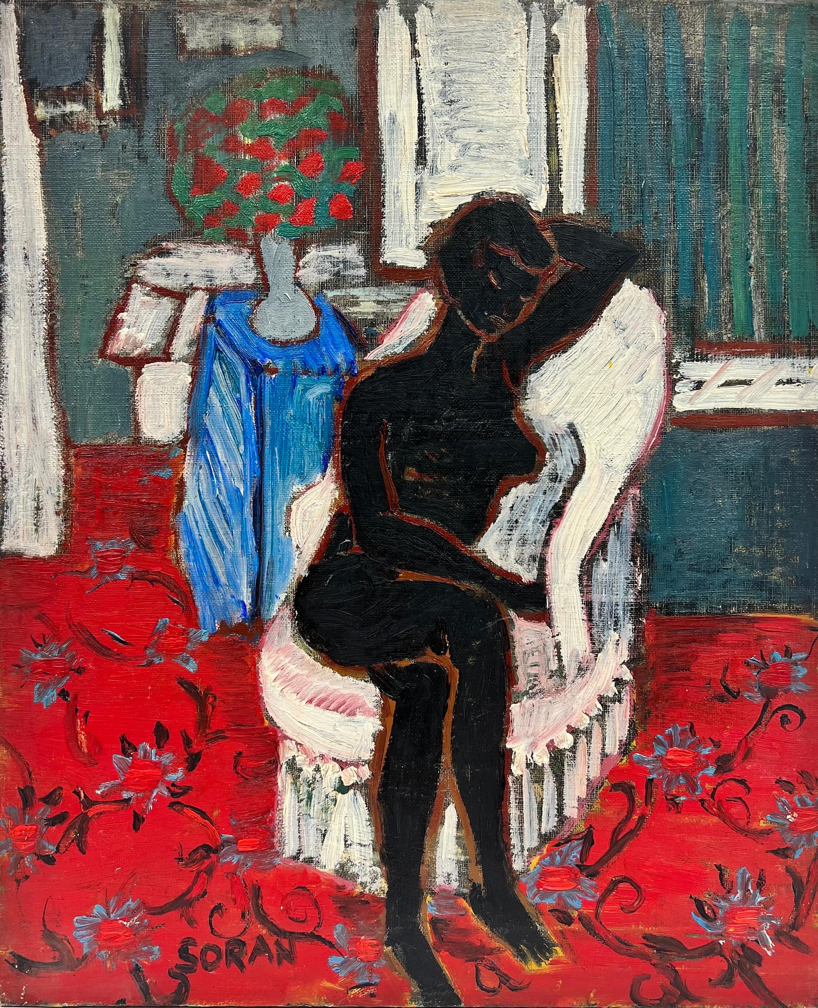 Mid Century French Figurative Painting - 1950's French Signed Modernist Oil Nude Lady on Chair in Interior Room - Superb