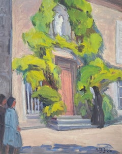 1950's French Signed Oil Painting Figures outside Old Convent Doorway Lush Green