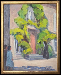 Pittura ad olio francese del 1950 firmata Figure fuori dalla porta di un vecchio convento Greene & Greene