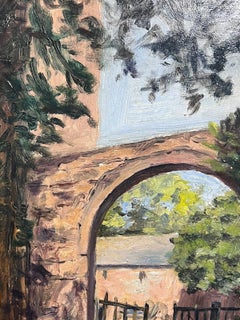 1950's French Vintage Oil Painting Archway Farm Buildings in Country Landscape