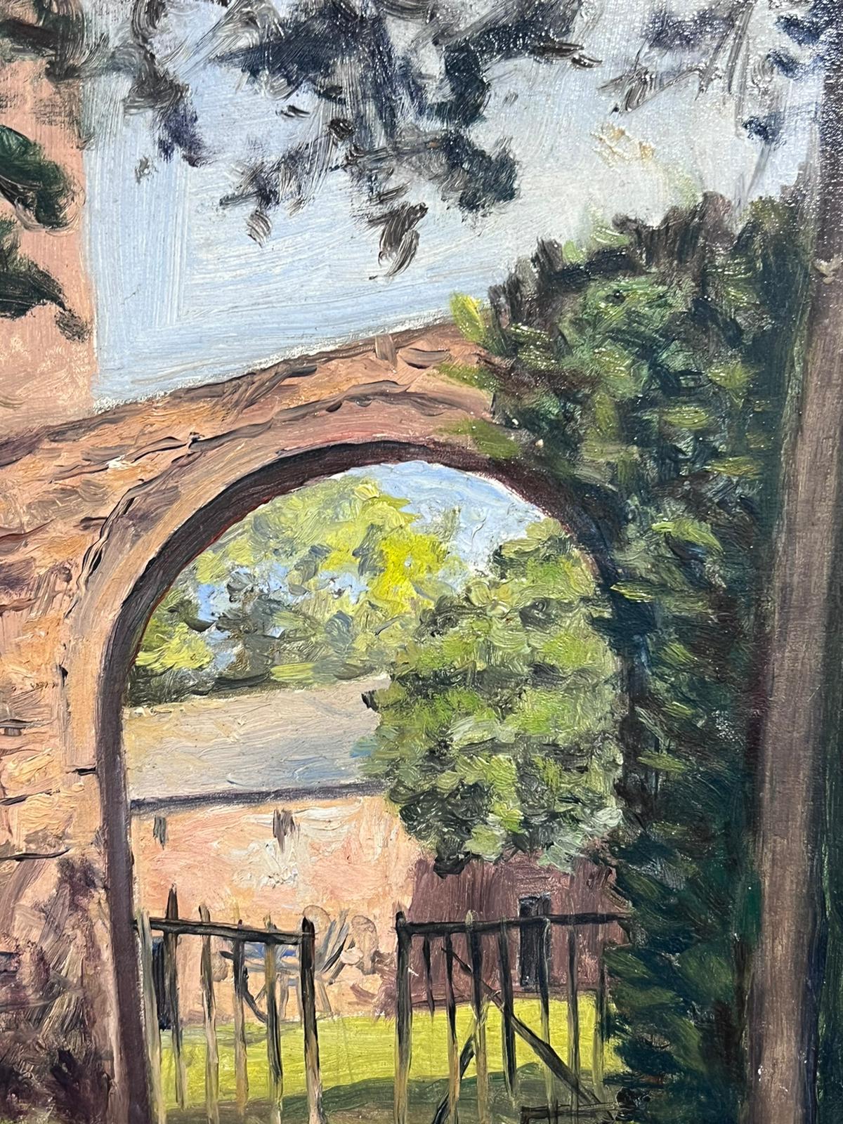 1950's French Vintage Oil Painting Archway Farm Buildings in Country Landscape For Sale 2
