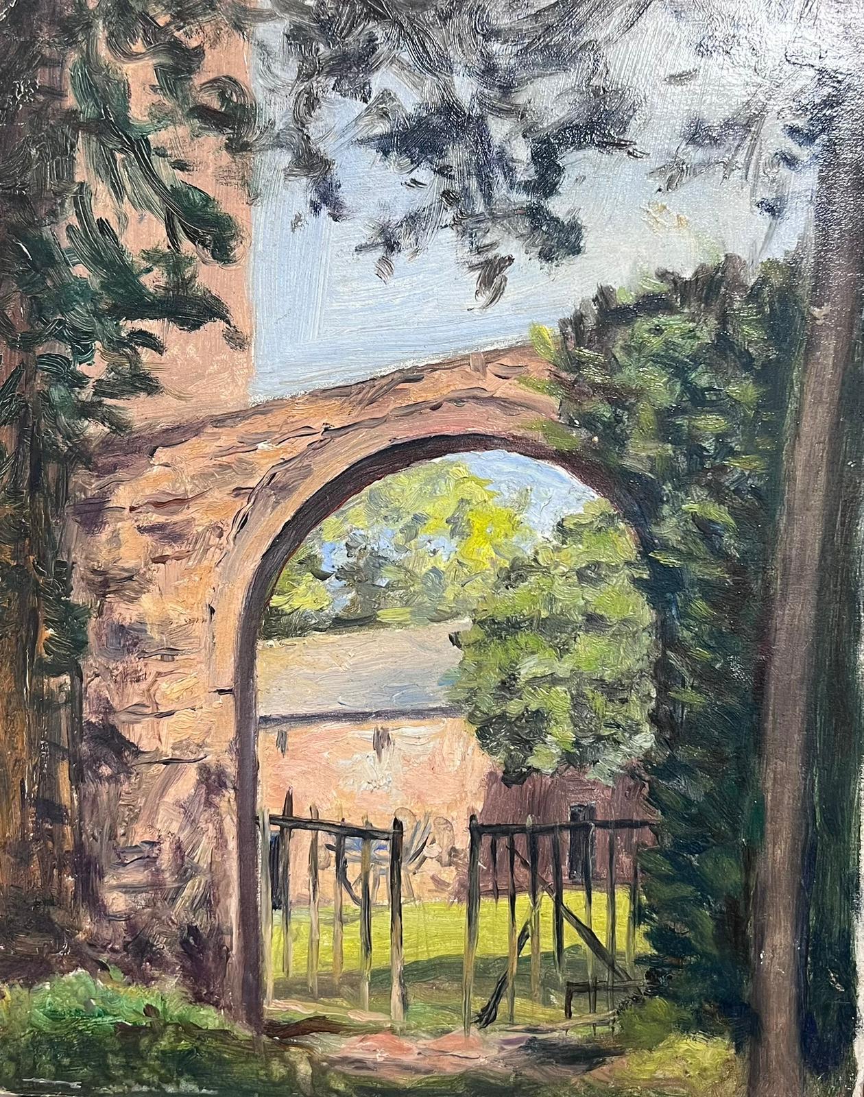 1950's French Vintage Oil Painting Archway Farm Buildings in Country Landscape For Sale 3