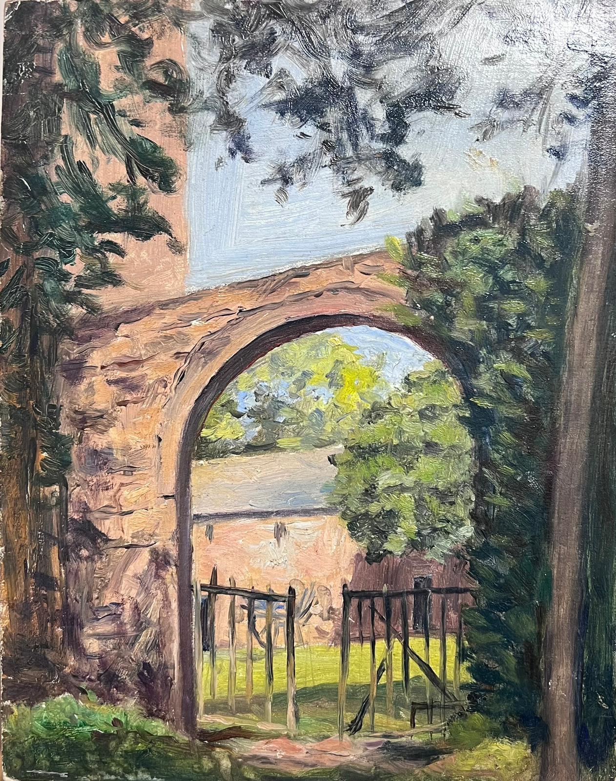 Mid Century French Landscape Painting - 1950's French Vintage Oil Painting Archway Farm Buildings in Country Landscape