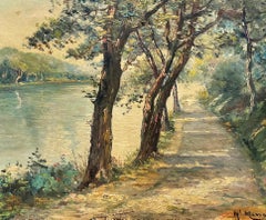 Beautiful 1950's French Signed Oil Dappled Light Riverside Pathway, framed