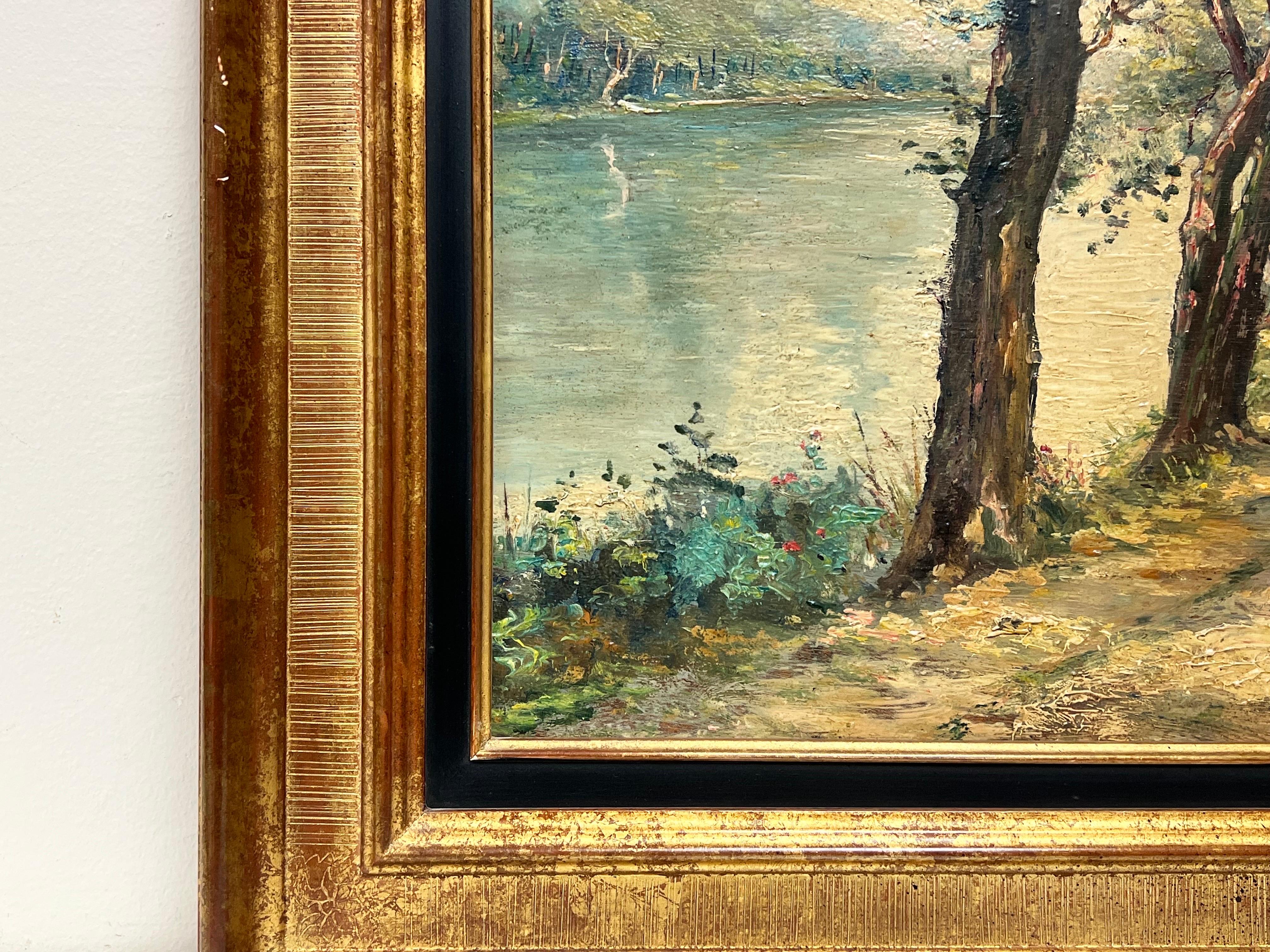 Artist/ School: French School, mid 20th century, signed M.Masse and inscribed verso with old gallery labels

Title: The Riverside Path

Medium: oil on board, framed 

Framed: 21.5 x 24.5 inches
Board: 14.5 x 17.5 inches

Provenance: private