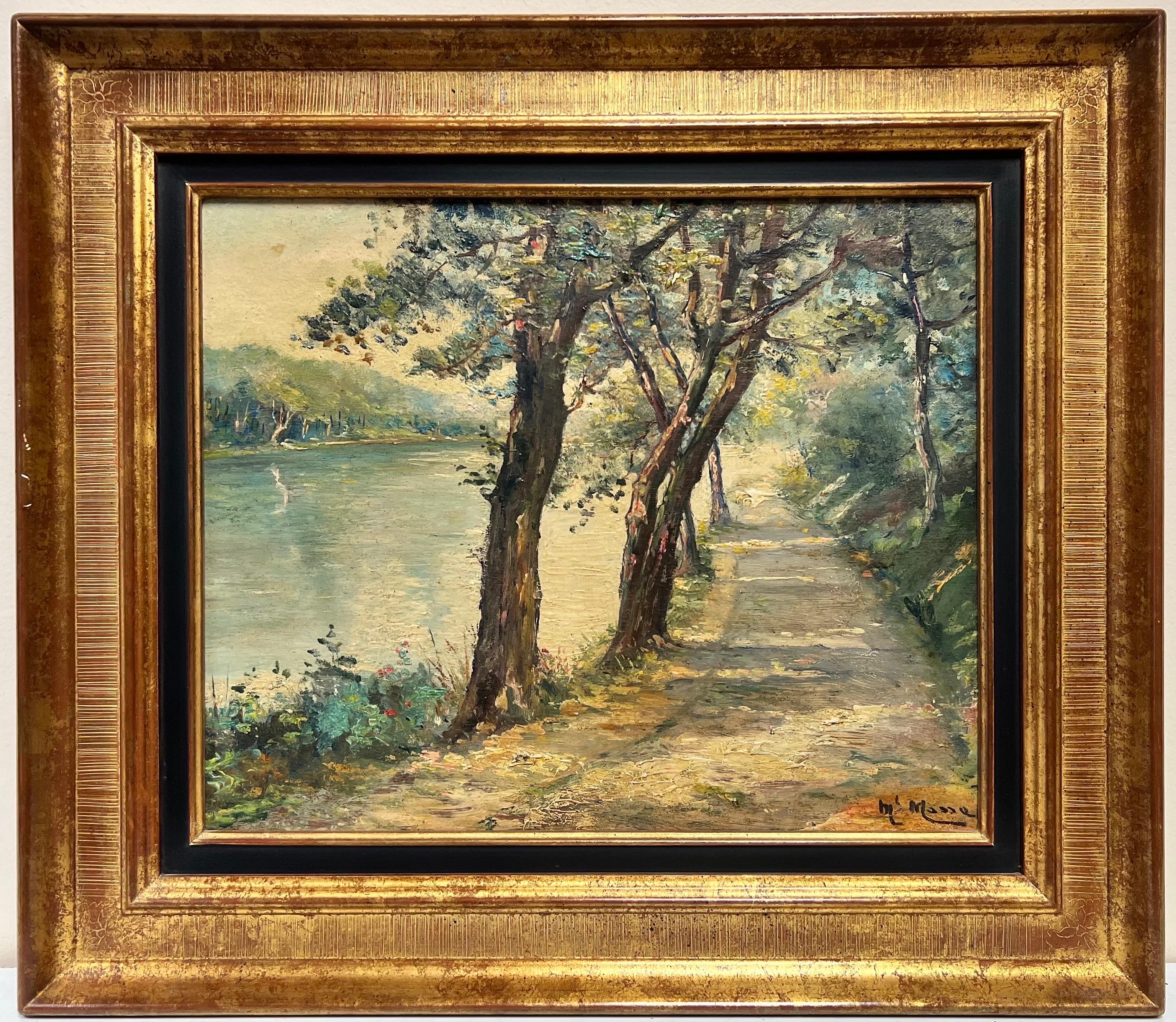 Mid Century French Landscape Painting - Beautiful 1950's French Signed Oil Dappled Light Riverside Pathway, framed
