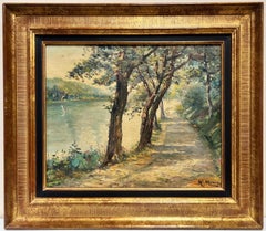 Vintage Beautiful 1950's French Signed Oil Dappled Light Riverside Pathway, framed