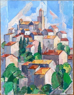 Provencal Hill Top Perched Village Cubist Signed 1950's French Oil Painting