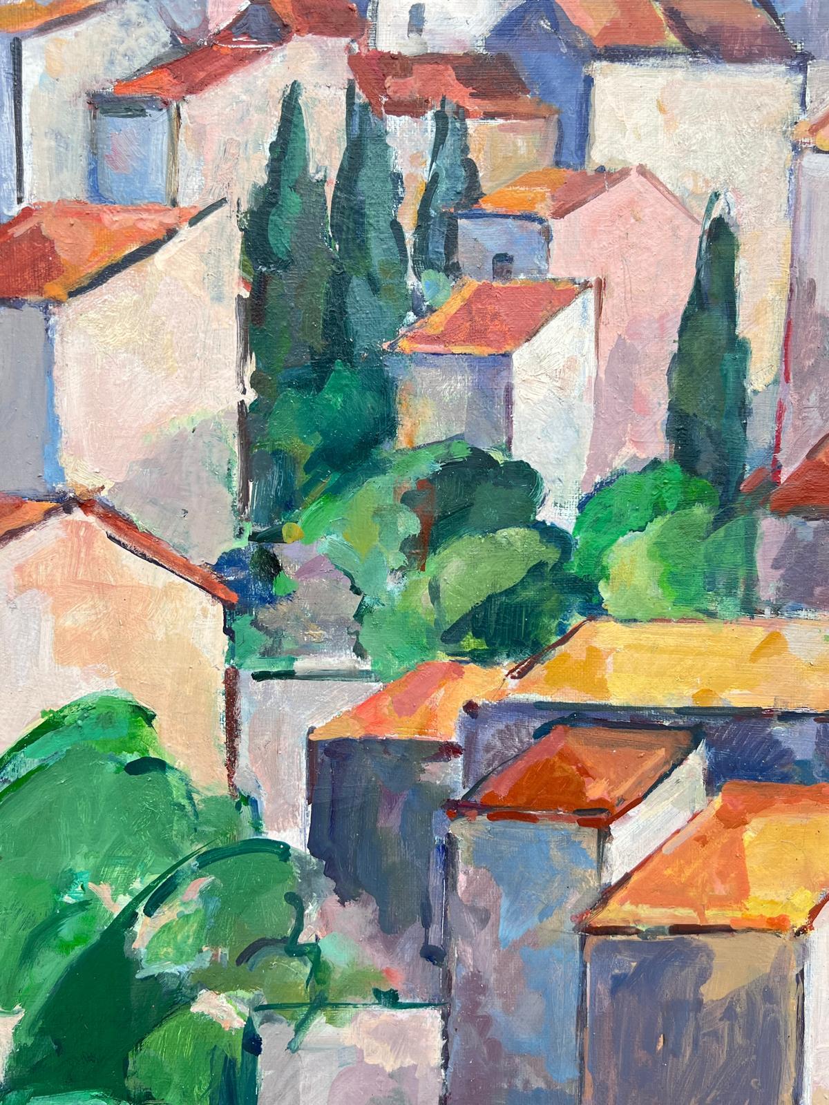 I Hill Village Perché Cubiste Provençal Signée 1950's French Oil Painting en vente 2