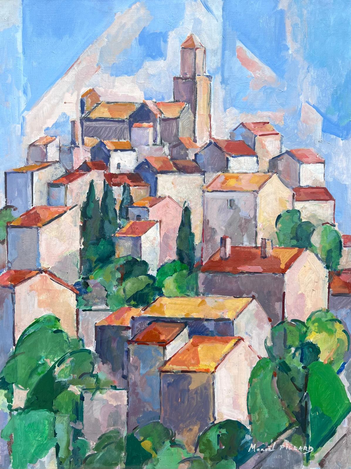 Provencal Hill Top Perched Village Kubist signiert 1950er Jahre Französisch Ölgemälde