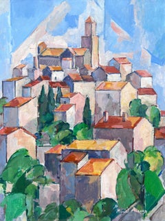 I Hill Village Perché Cubiste Provençal Signée 1950's French Oil Painting