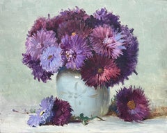 Purple Flowers in Grey Vase, Beautiful 1950's French Signed Oil Painting