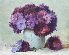 Vintage Purple Flowers in Grey Vase, Beautiful 1950's French Signed Oil Painting