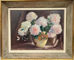 Vintage 1950
s French Impressionist Signed Oil Painting Pink White Flowers vase