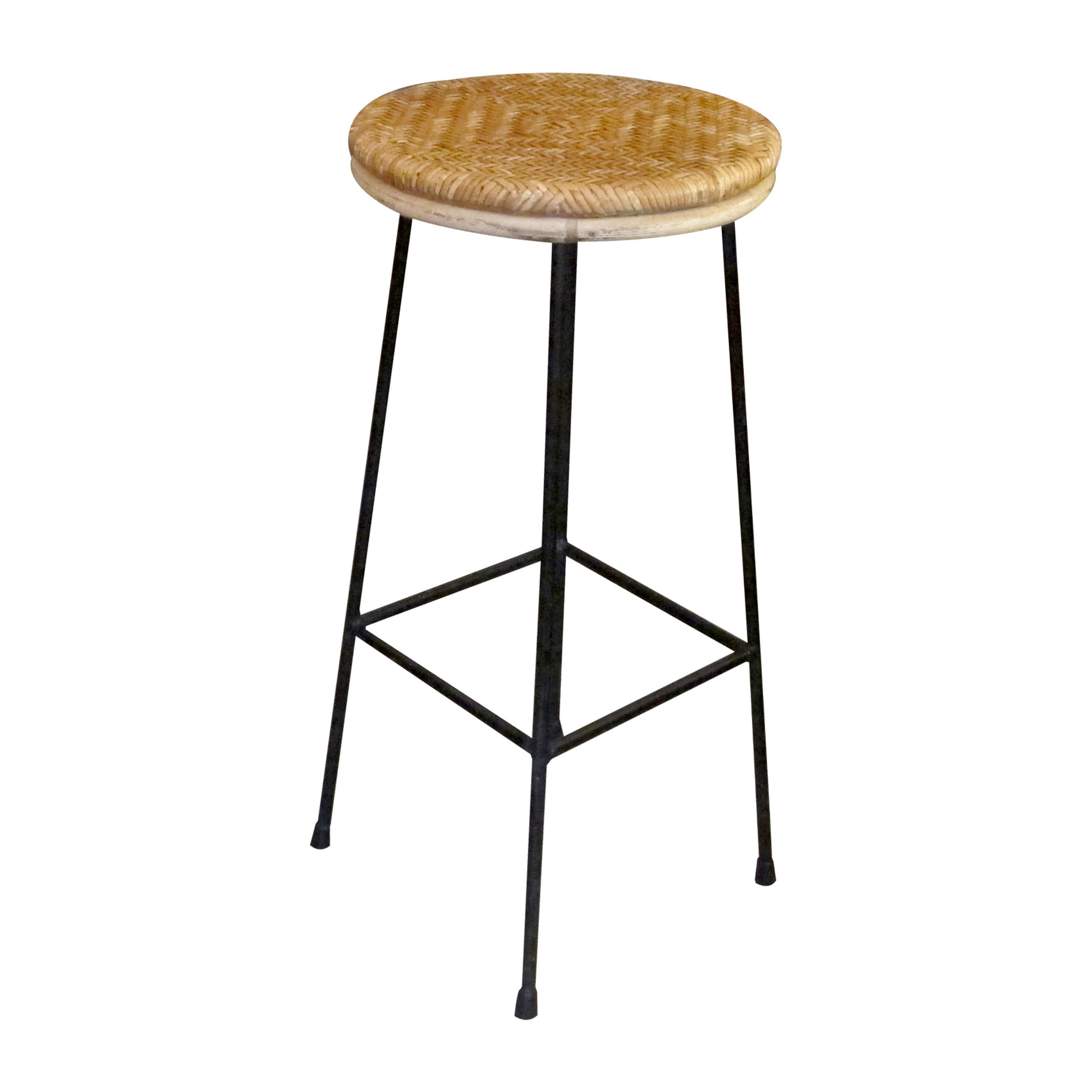 Mid-Century Modern Mid-Century French Pair of Wrought Iron and Rattan Bar Stools