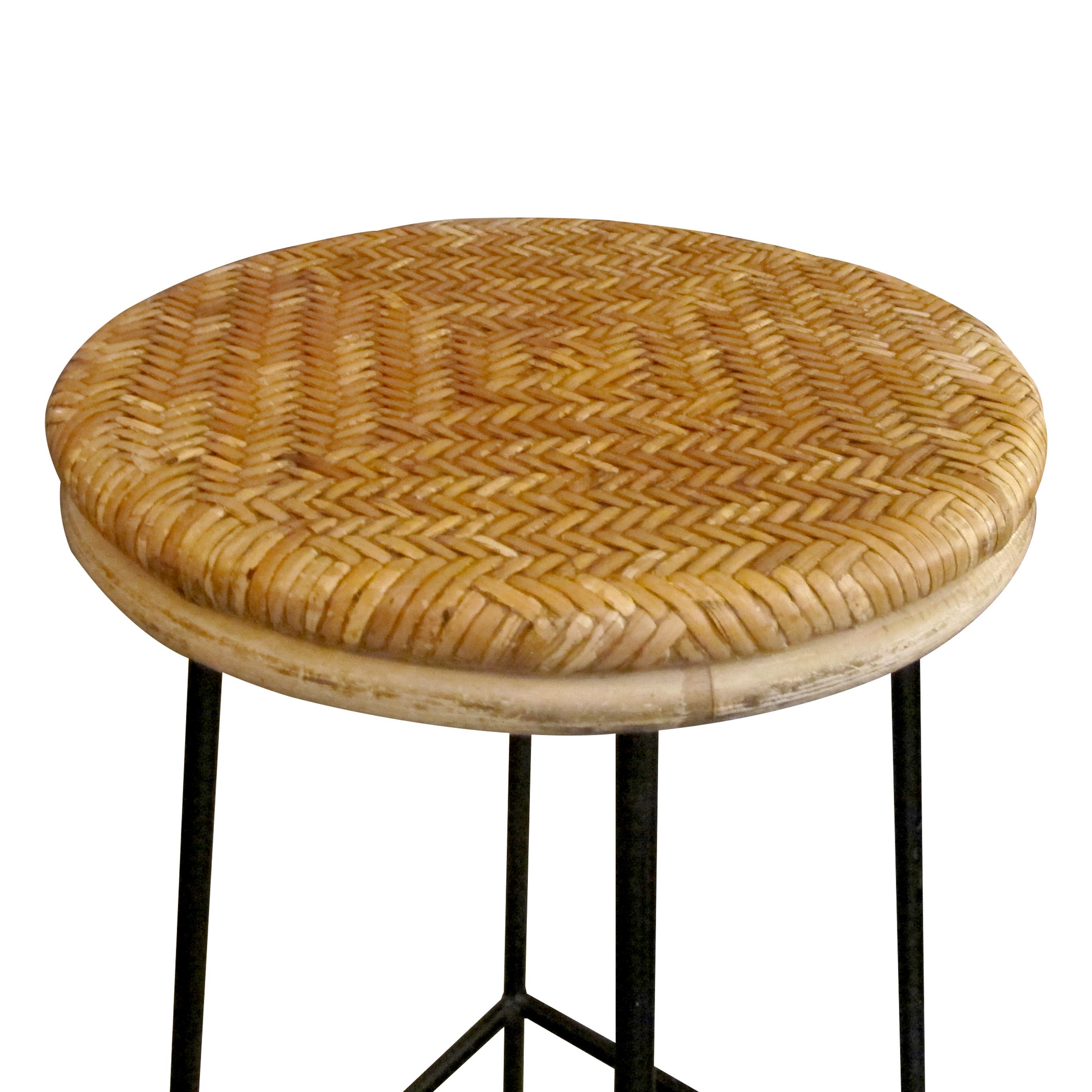 Other Mid-Century French Pair of Wrought Iron and Rattan Bar Stools