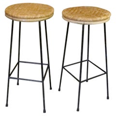 Mid-Century French Pair of Wrought Iron and Rattan Bar Stools