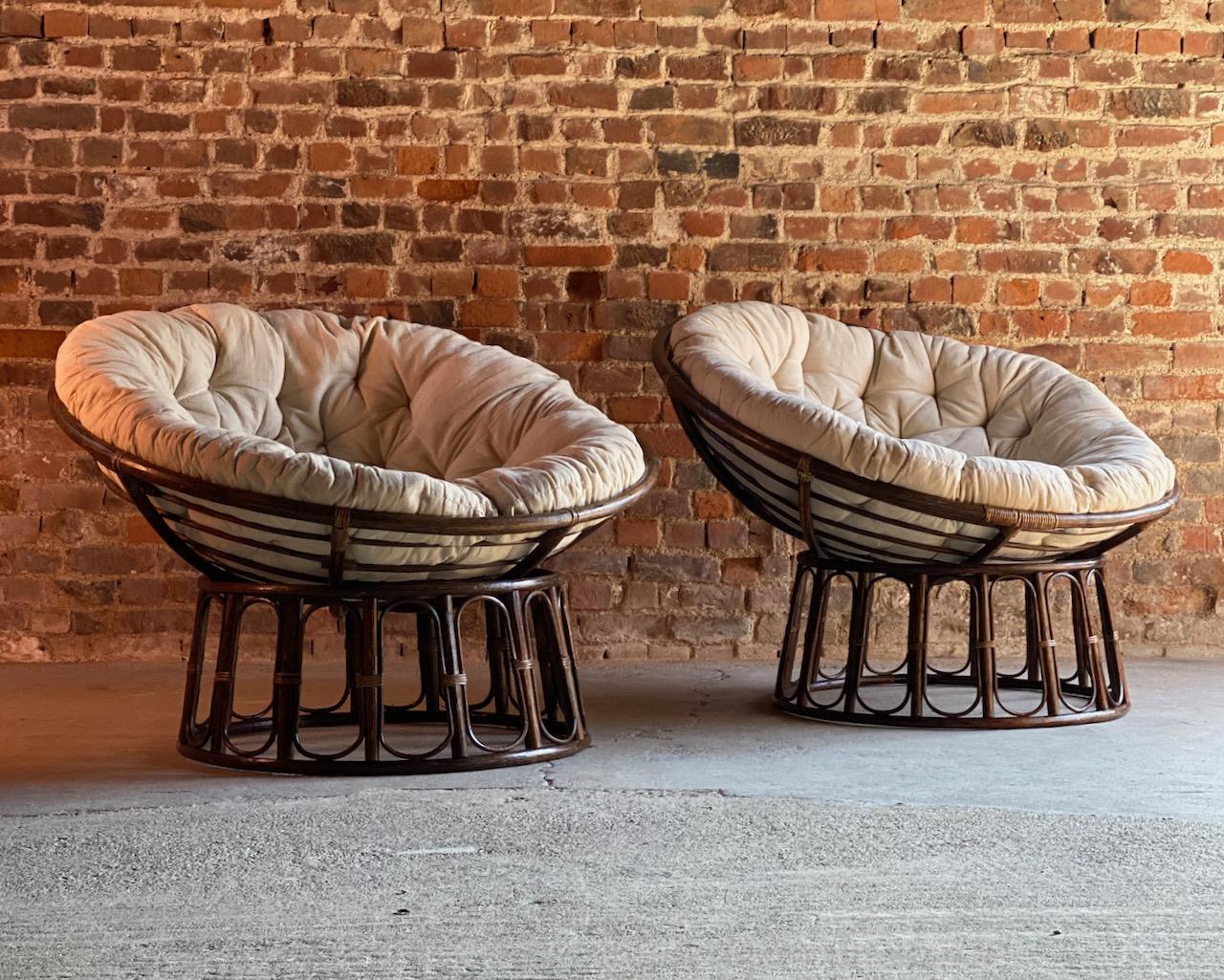 Midcentury French Papasan lounge chairs, circa 1970

A stunning pair of large midcentury French Papasan rattan and bamboo lounge chairs, France, circa 1970, these cultural icons from the swinging 1960s have never really fallen out of style – the