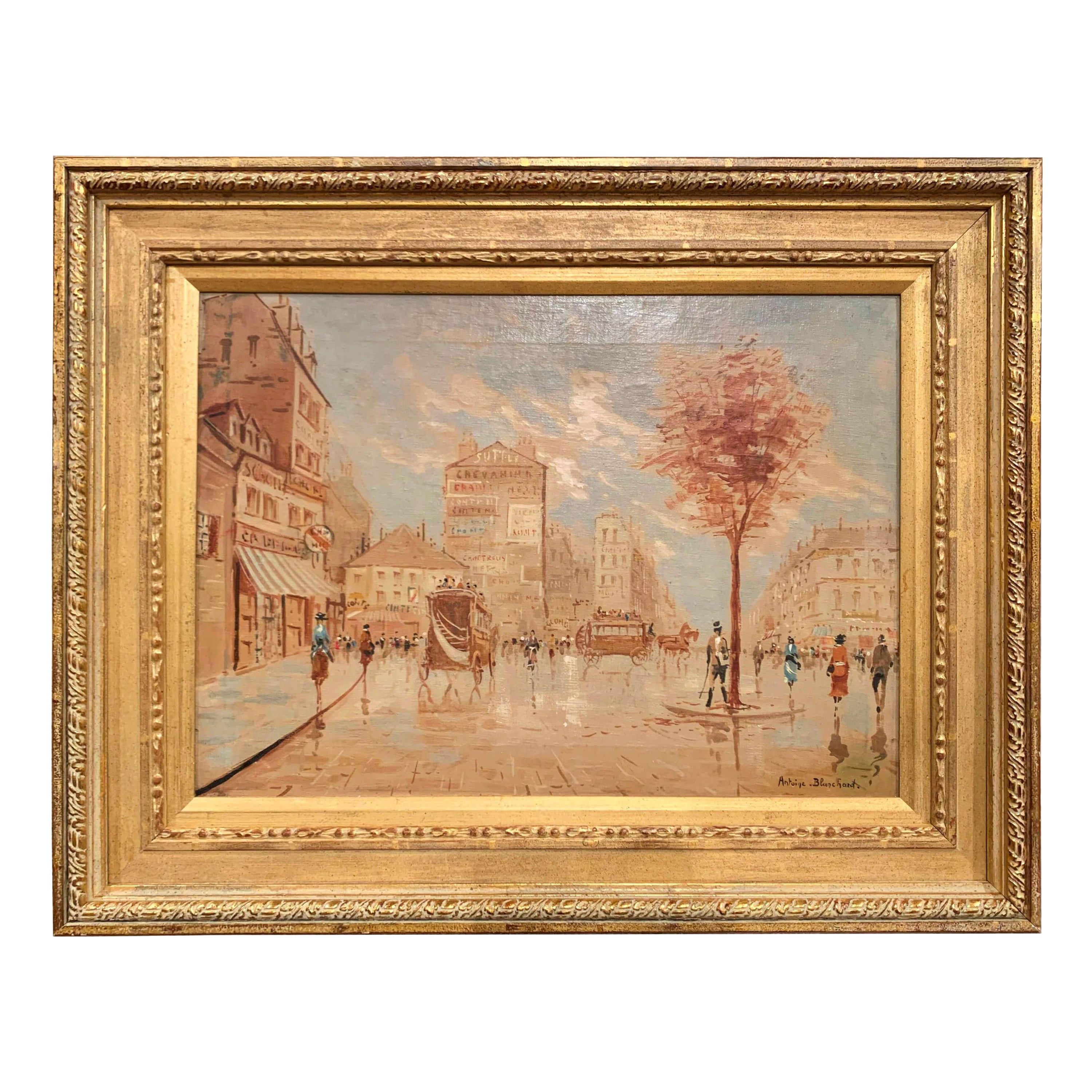 Mitte des Jahrhunderts Frankreich Pariser Szene Ölgemälde in vergoldeten Rahmen Signiert A. Blanchard im Angebot