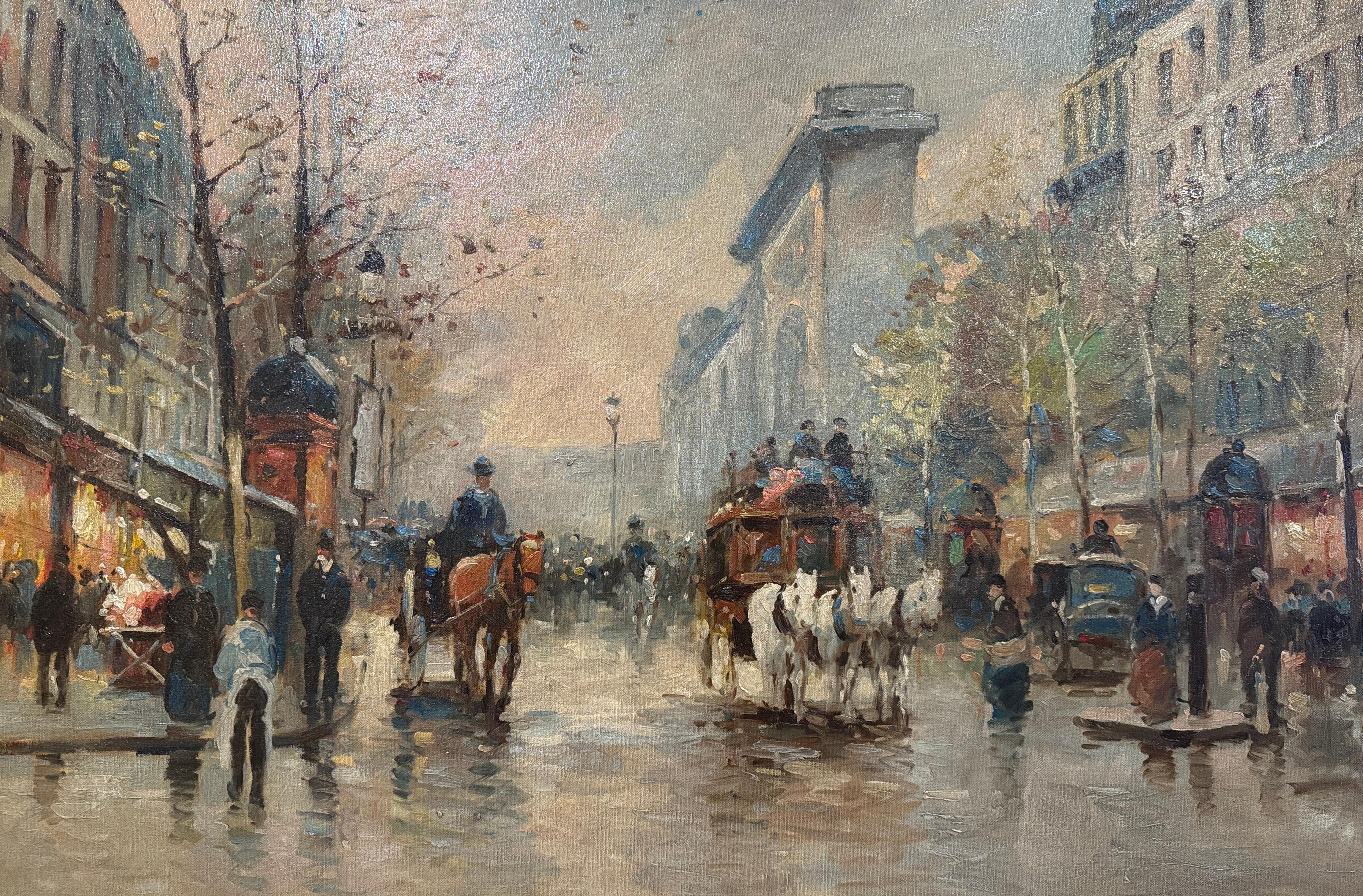 Escena parisina francesa de mediados de siglo Pintura al óleo sobre lienzo en marco dorado tallado Francés en venta