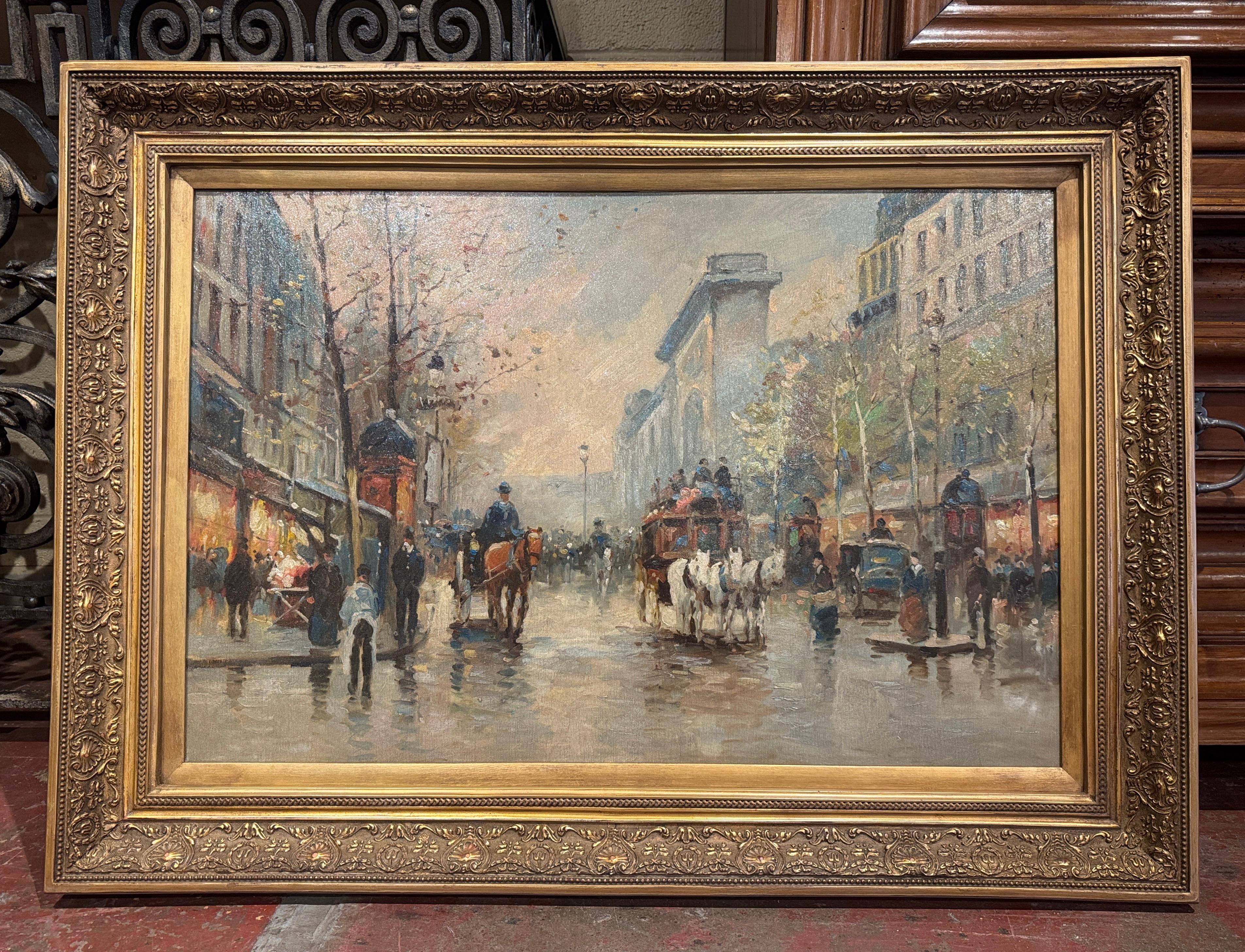 Escena parisina francesa de mediados de siglo Pintura al óleo sobre lienzo en marco dorado tallado en Excelente estado para la venta en Dallas, TX