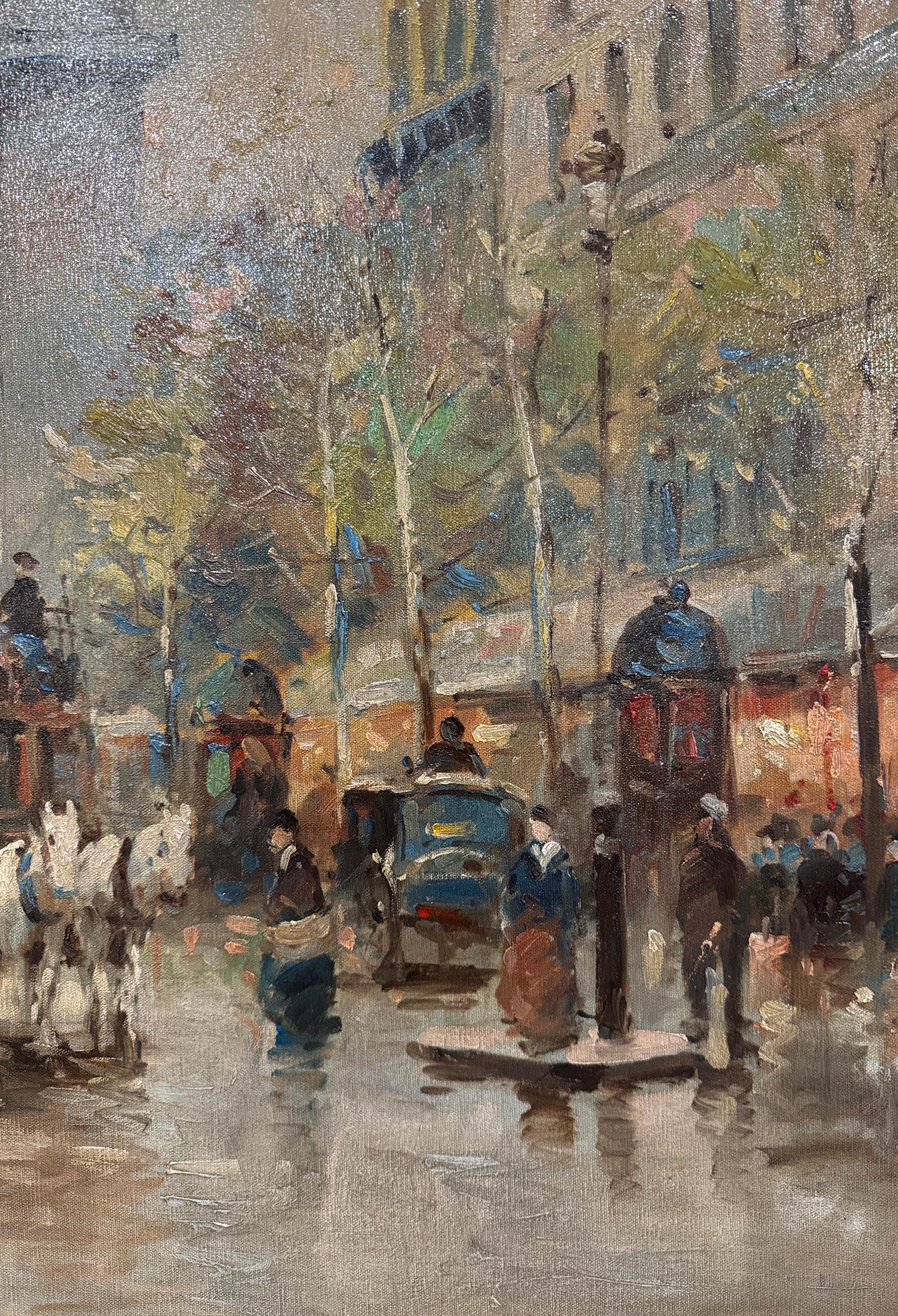 Escena parisina francesa de mediados de siglo Pintura al óleo sobre lienzo en marco dorado tallado en venta 1
