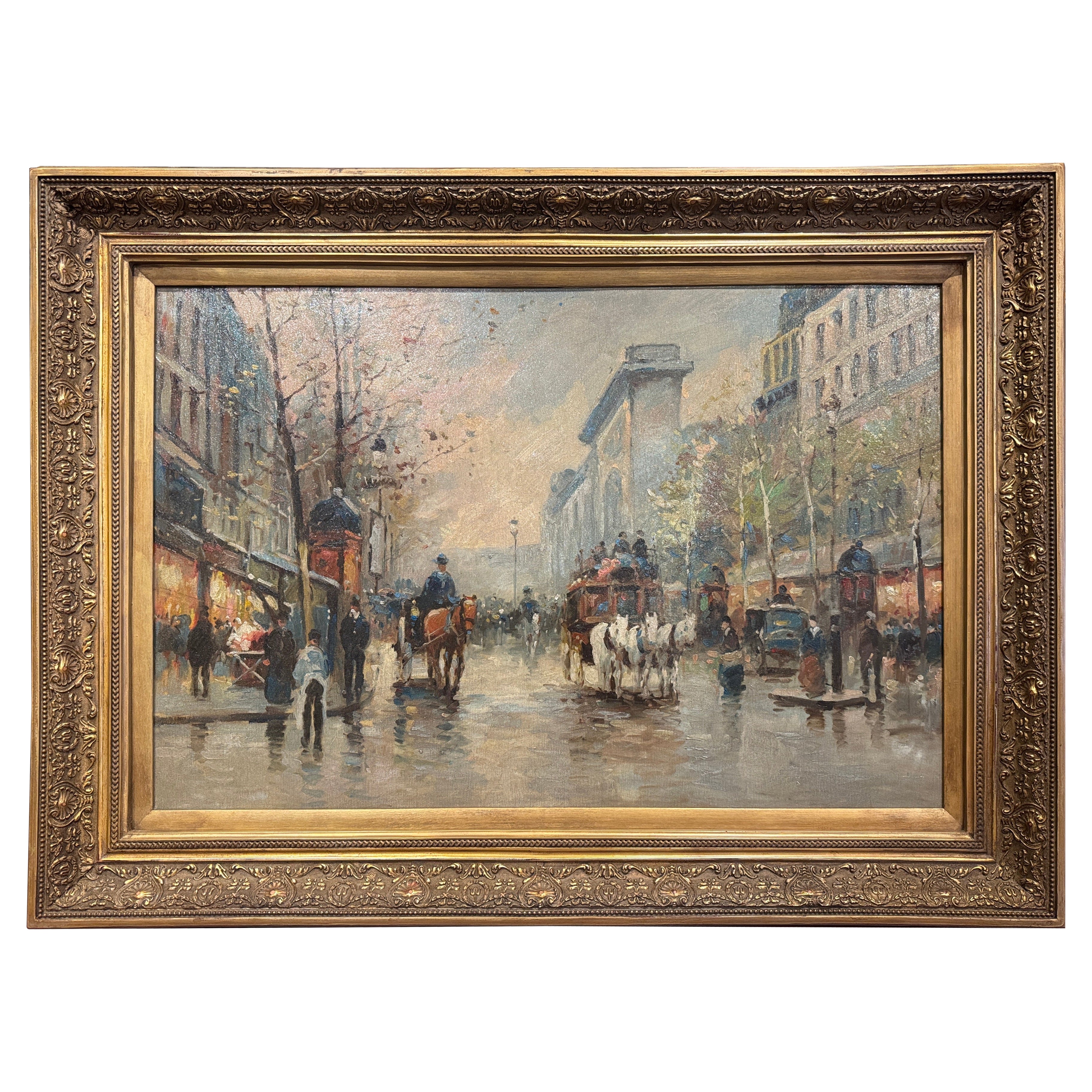 Scène parisienne française du milieu du siècle Huile sur toile dans un cadre doré sculpté