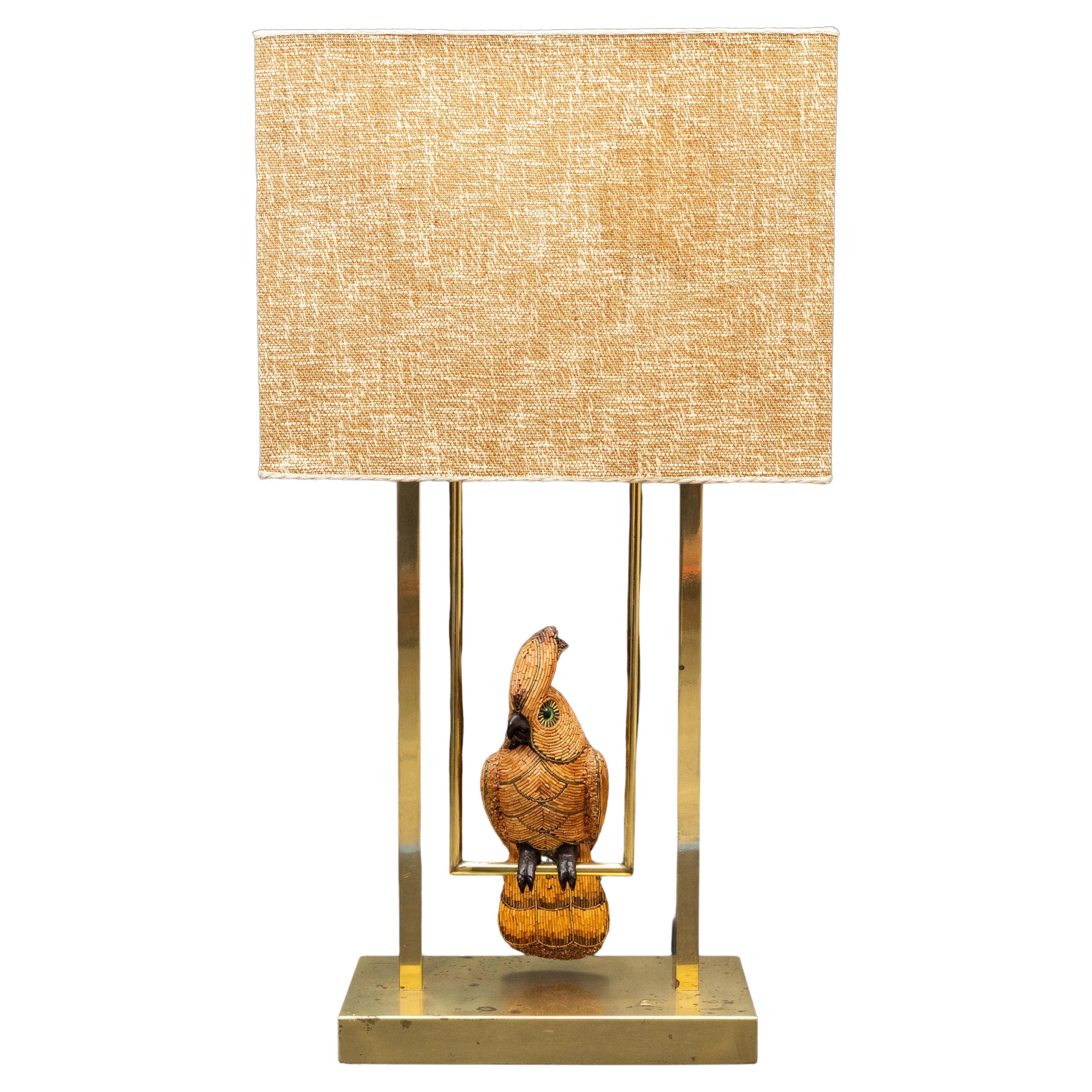Mid Century French Cockatoo Lamp with Linen Shade