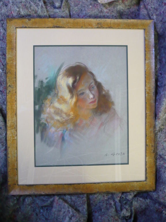 Excellent work of art created with pastels on paper from the 1940s signed A. Genta. The work highlights the ability of the artist to capture light and mood with color and shape. The new custom frame features a patina of old wood.